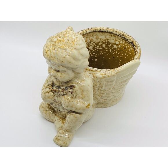 Dimpled Stone Angel Planter With Harp And Wings Extended Around Flower Pot - Picture 2 of 11